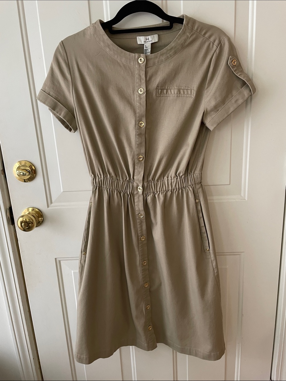 H by Halston Khaki Button-Front Short Sleeve Shirt Dress Size XS
